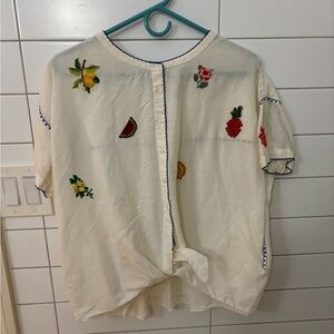 Anthropologie - Short Sleeve Embroidered Fruit Blouse - S